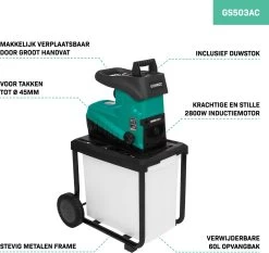 VONROC Stille Hakselaar/Shredder 2800W – Voor Takken Tot Ø45mm – Incl. 60L Opvangbak & Duwstok -Tuingereedschap 1200x1134