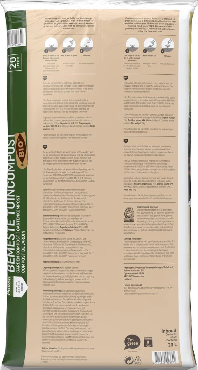 Pokon Bio Bemeste Tuincompost - 20l - Bodemverbeteraar - Geschikt Voor Ophoging En Aanplanten 5 Pokon Bio Bemeste Tuincompost - 20l - Bodemverbeteraar - Geschikt Voor Ophoging En Aanplanten - Afbeelding 5